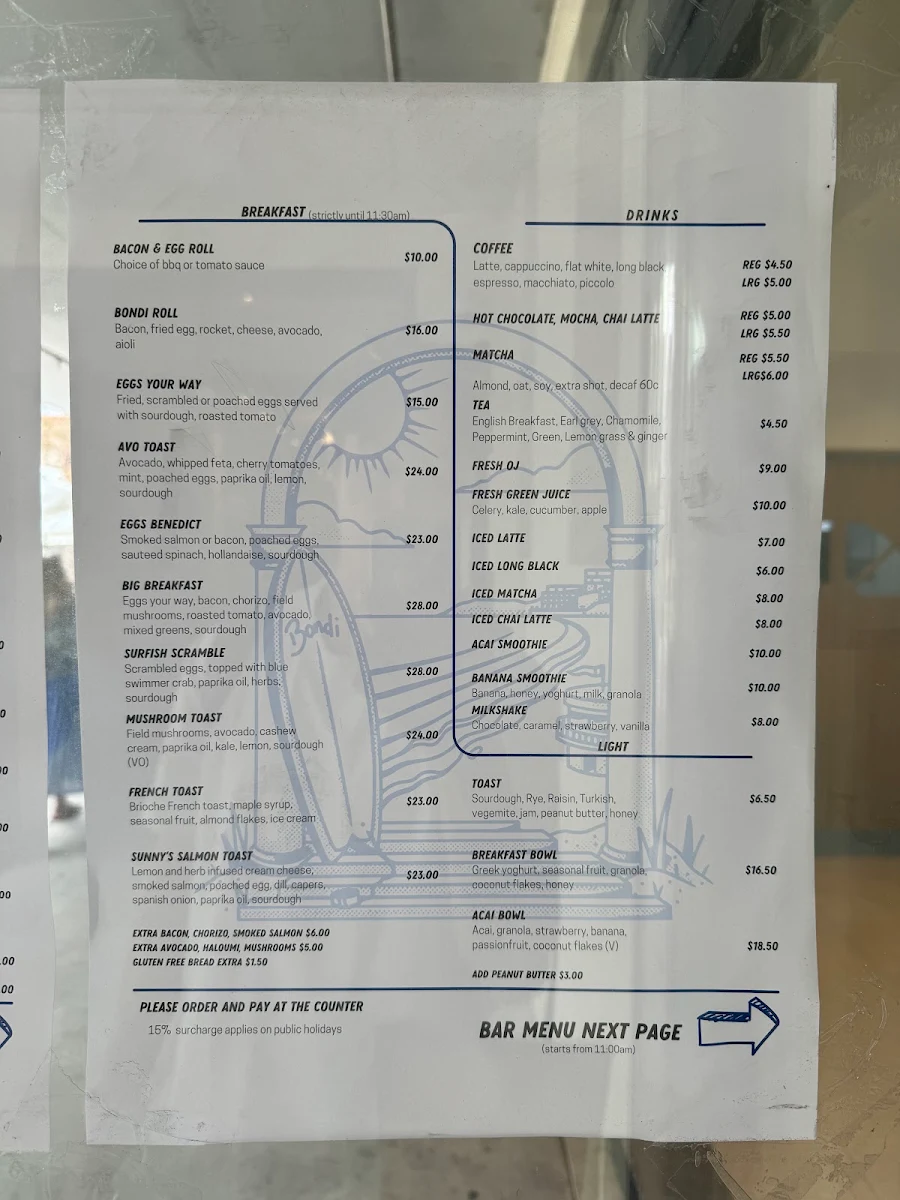 Menu, Surfish Bondi Beach