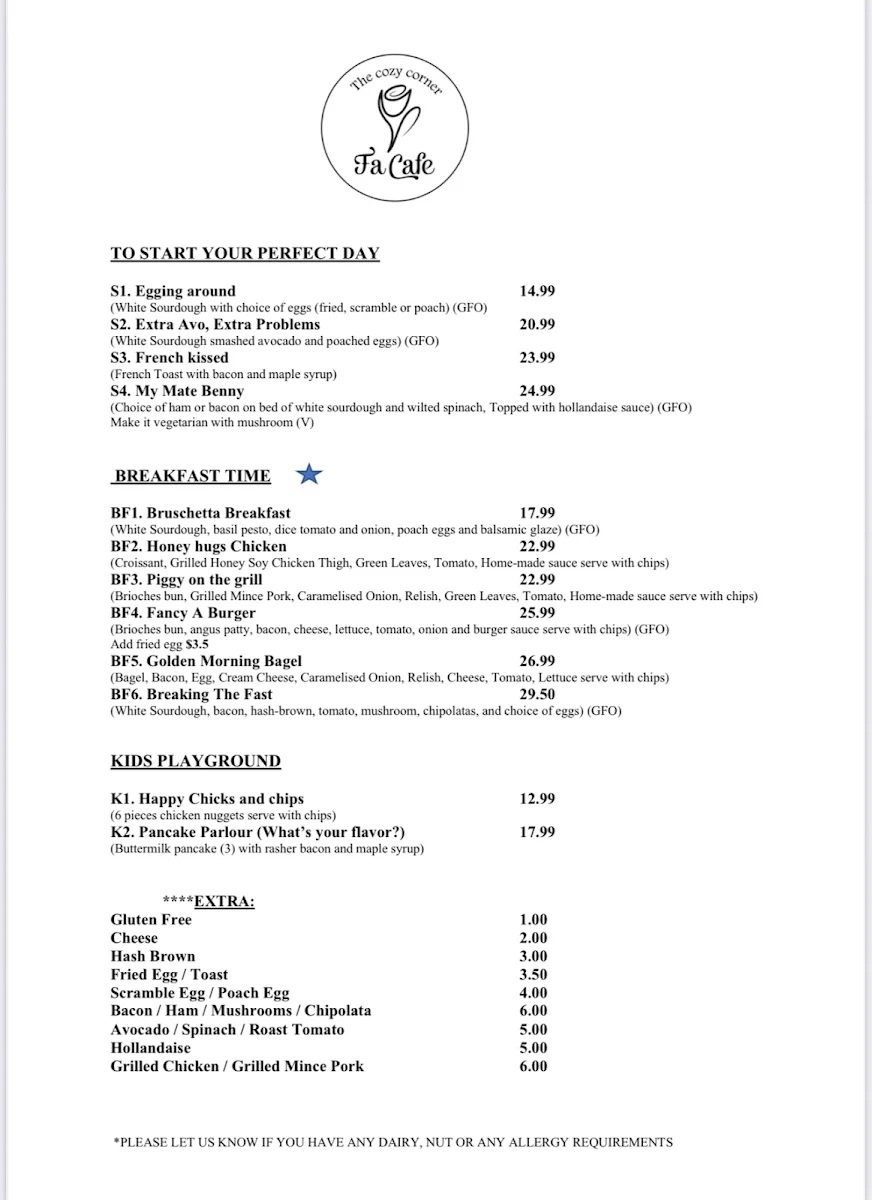 Menu, FA CAFE