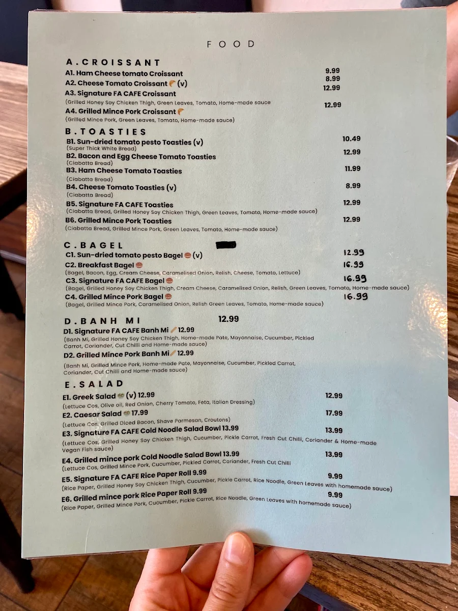Menu, FA CAFE