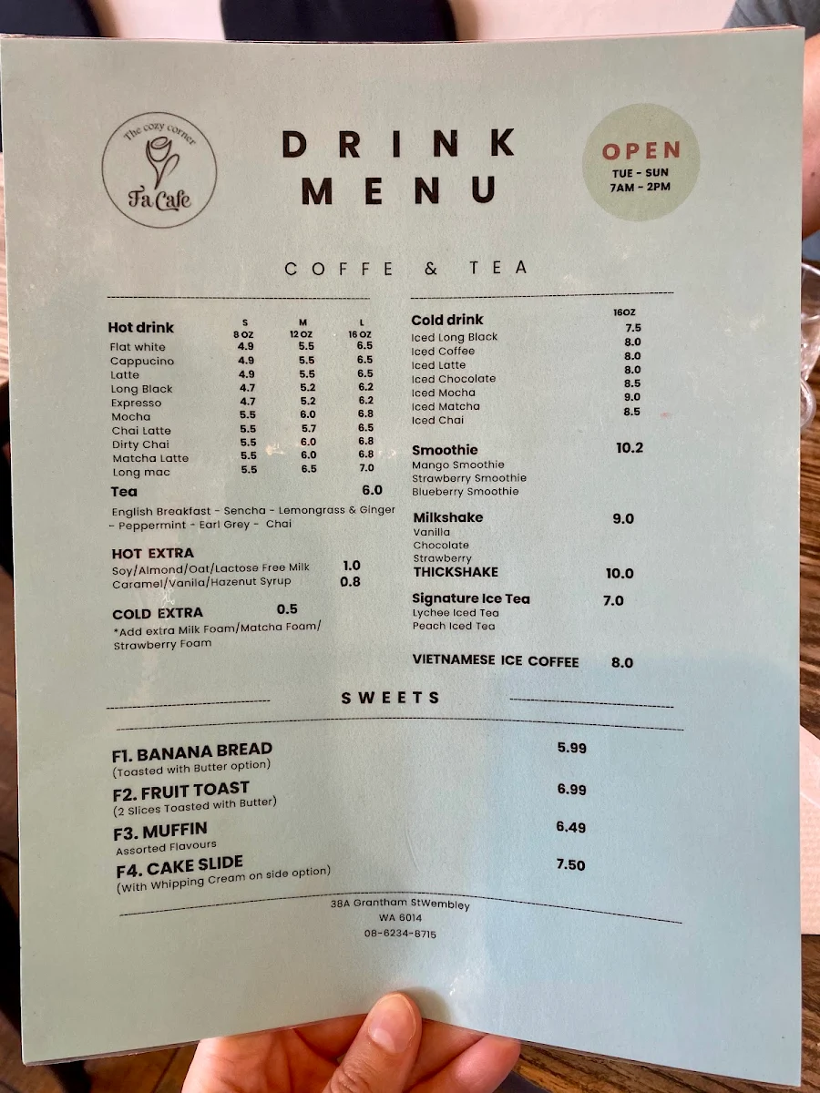 Menu, FA CAFE