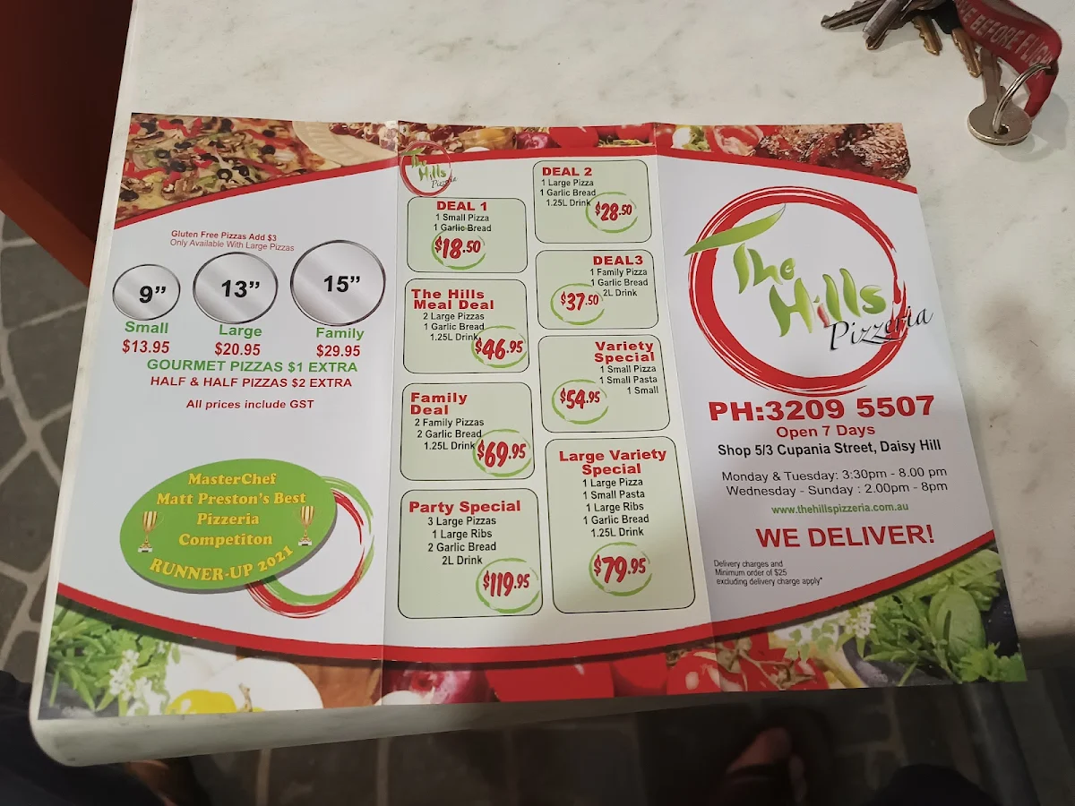 Menu, The Hills Pizzeria Daisy Hill