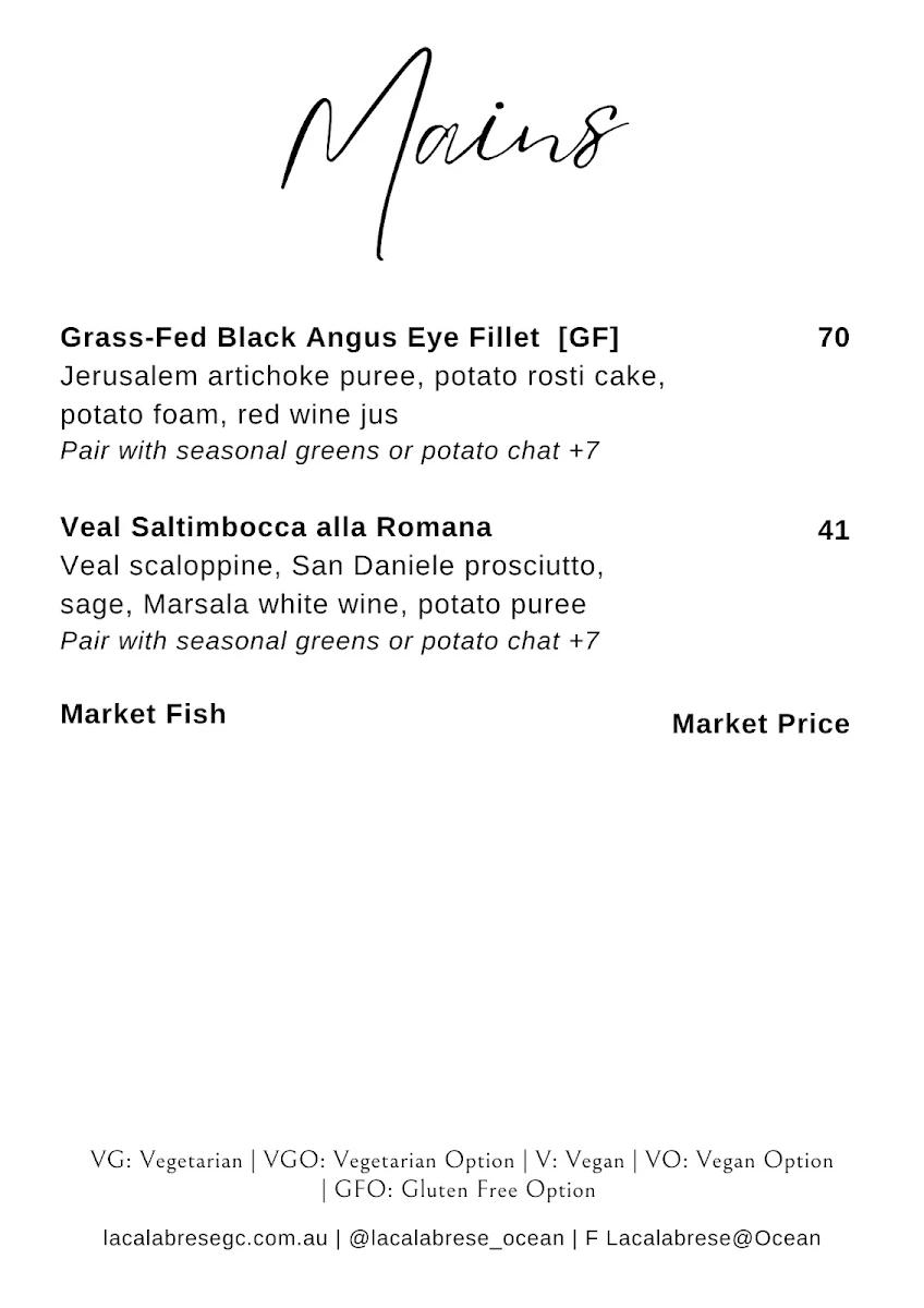 Menu, La Calabrese Italian Restaurant Lunch and Dinner