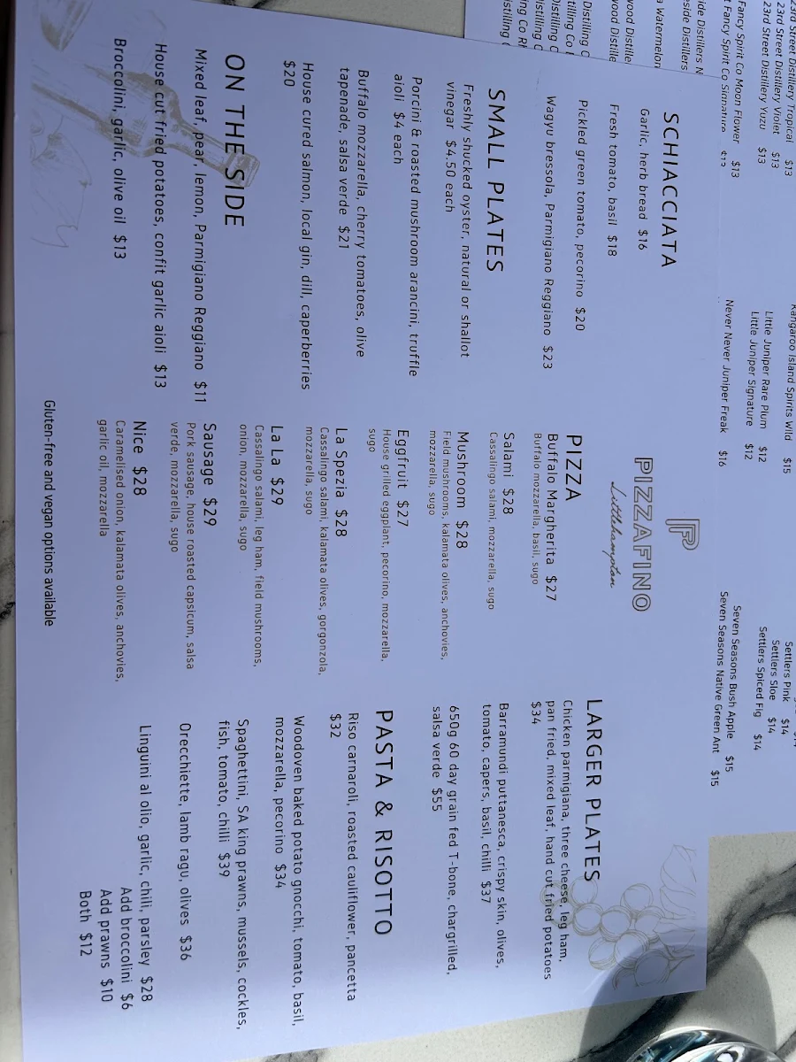 Menu, Pizzafino