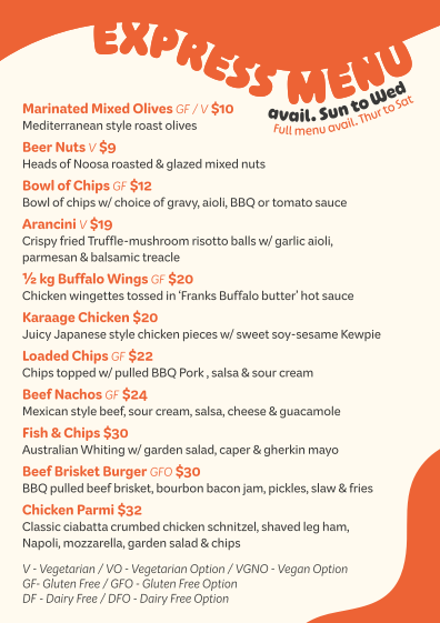Menu, Sunset Social Bar & Bistro - Noosa North Shore