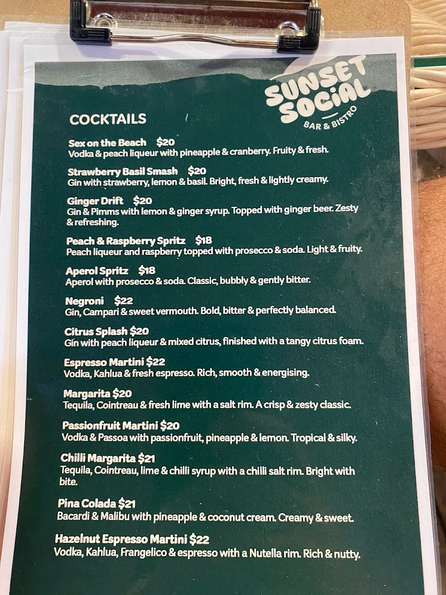 Menu, Sunset Social Bar & Bistro - Noosa North Shore