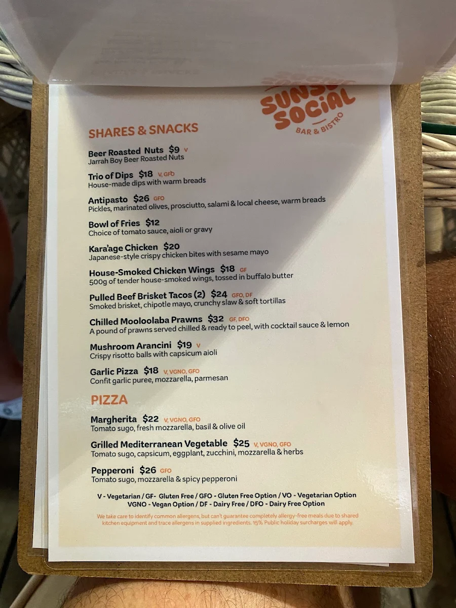 Menu, Sunset Social Bar & Bistro - Noosa North Shore