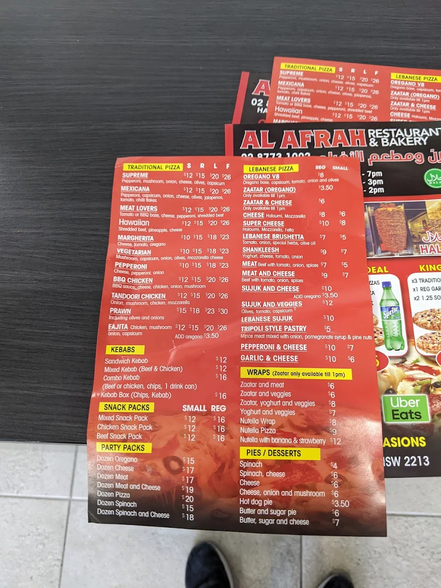 Menu, AL AFRAH RESTAURANT AND BAKERY