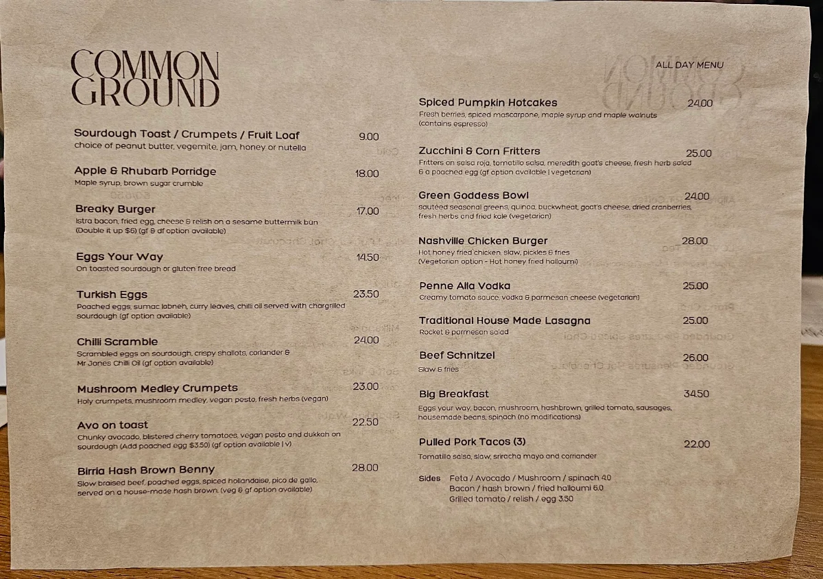 Menu, Common Ground