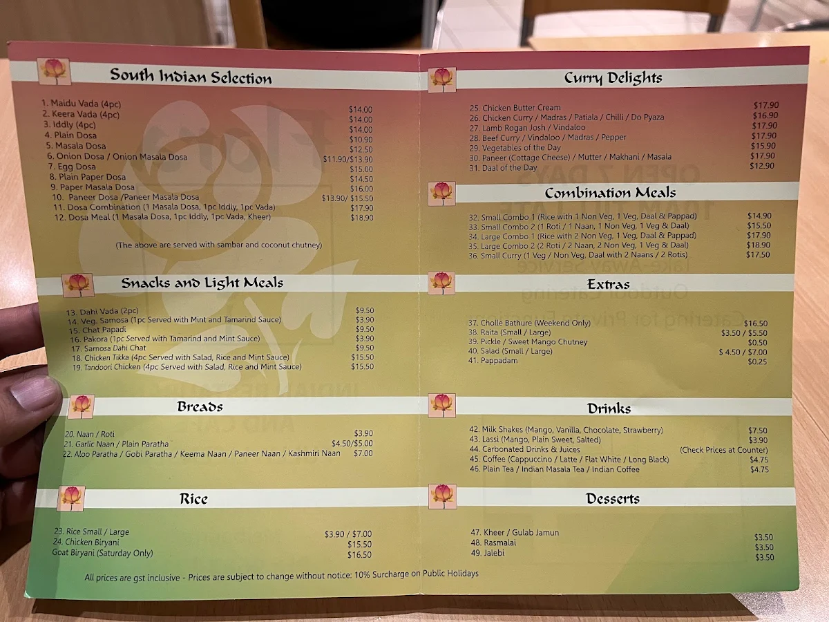 Menu, Flora Indian Restaurant Melbourne CBD