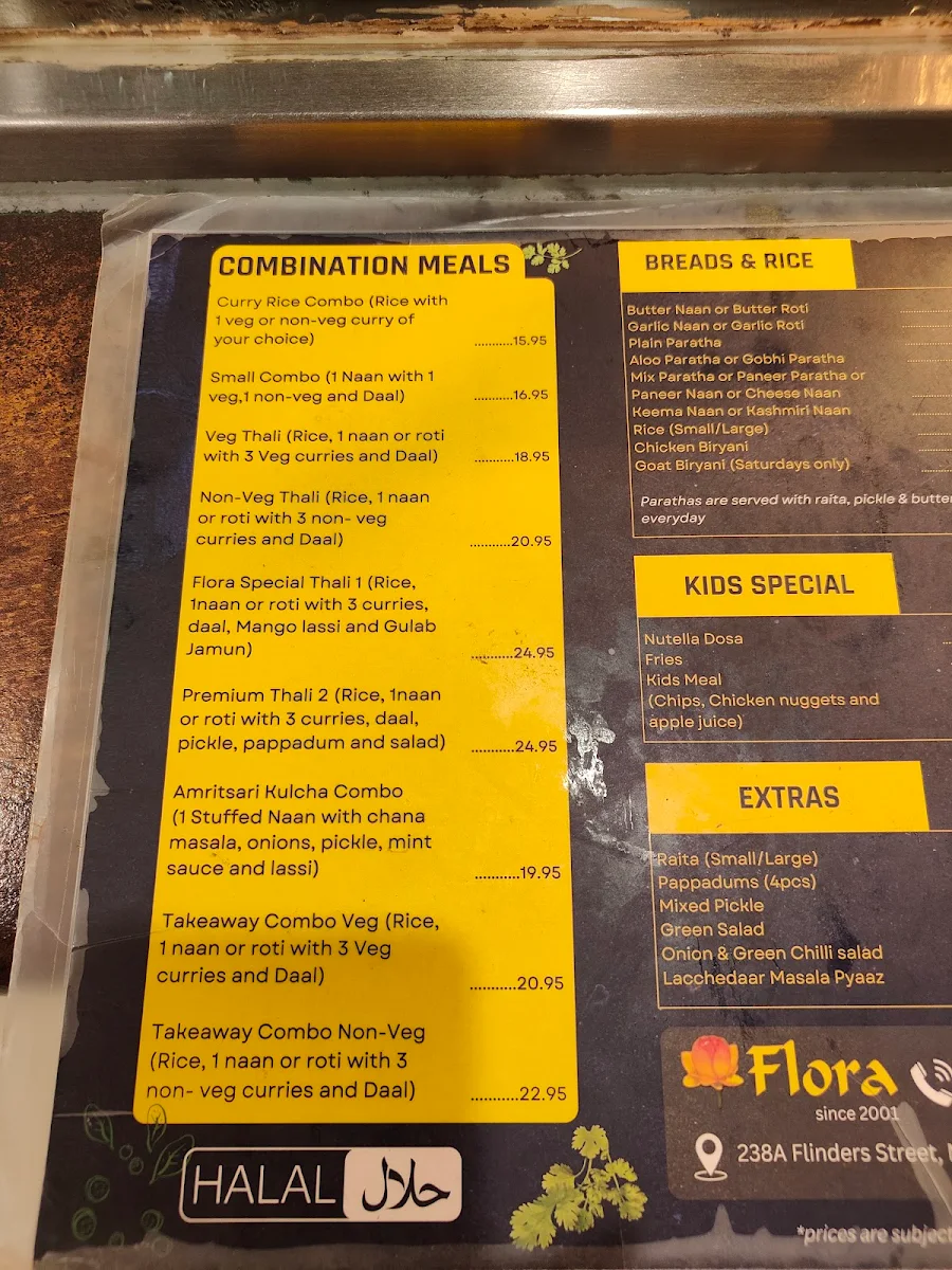 Menu, Flora Indian Restaurant Melbourne CBD