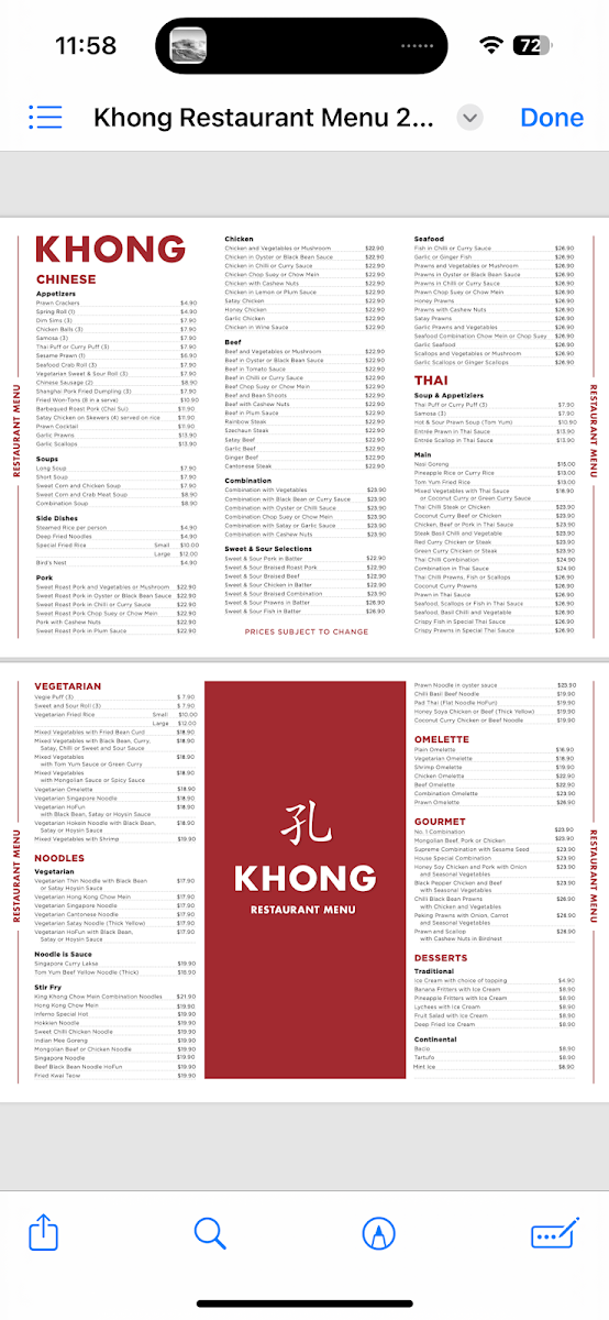 Menu, House of Khong