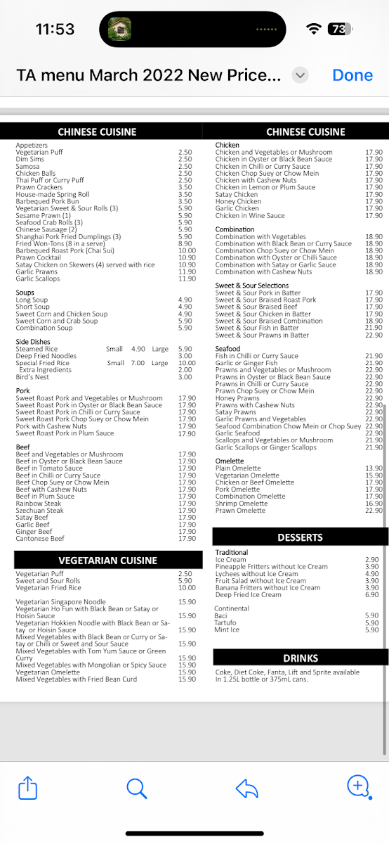 Menu, House of Khong