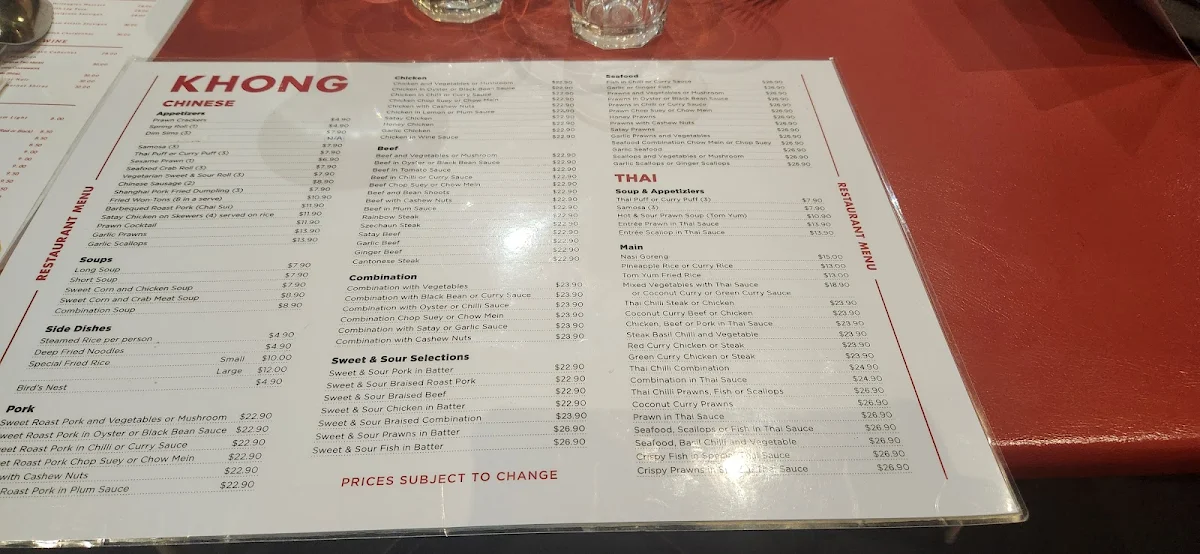 Menu, House of Khong