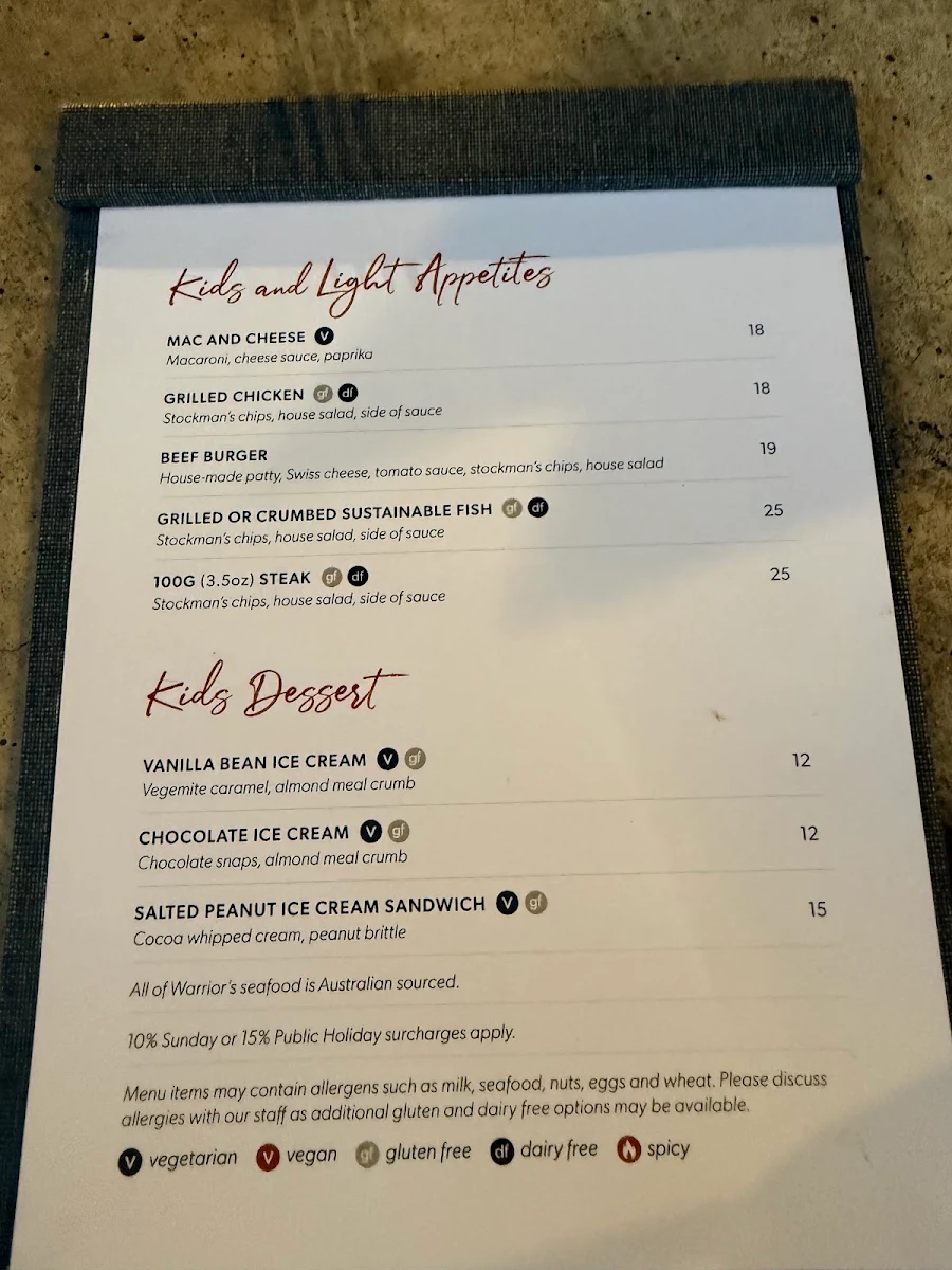 Menu, Warrior Restaurant & Bar