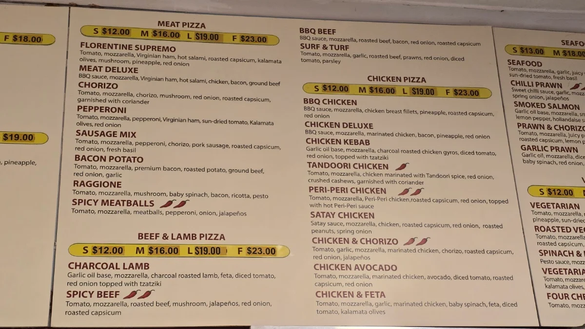 Menu, Florentine Pizza and Charcoal Chicken