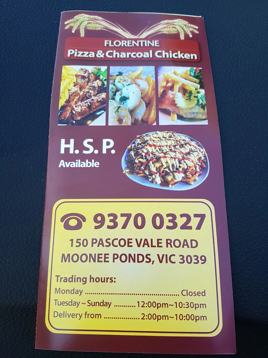 Menu, Florentine Pizza and Charcoal Chicken