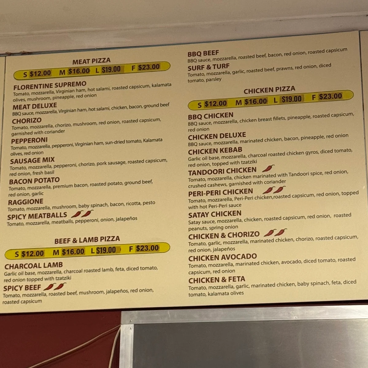 Menu, Florentine Pizza and Charcoal Chicken