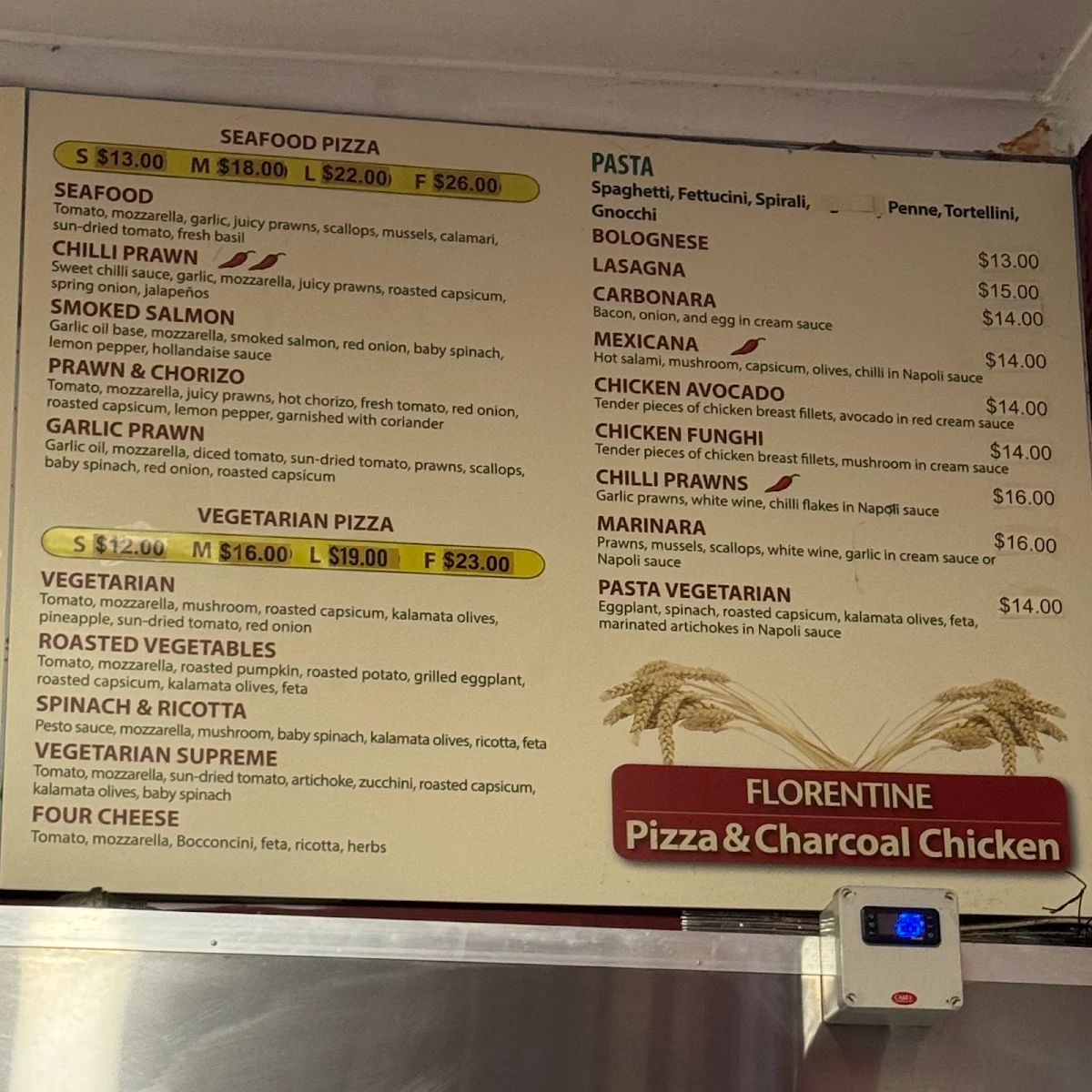 Menu, Florentine Pizza and Charcoal Chicken