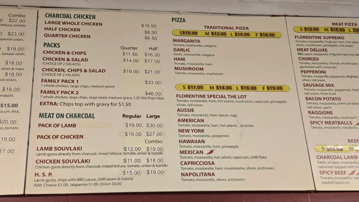Menu, Florentine Pizza and Charcoal Chicken