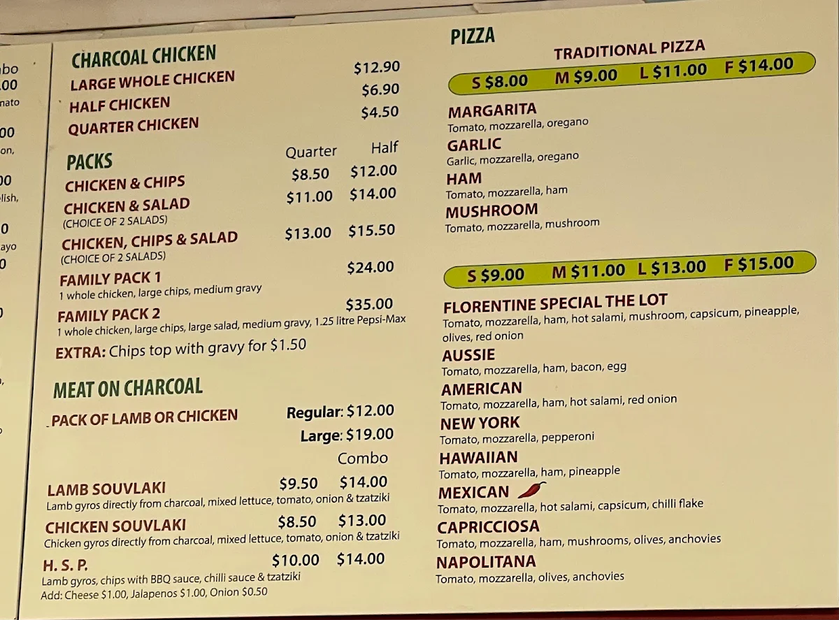 Menu, Florentine Pizza and Charcoal Chicken