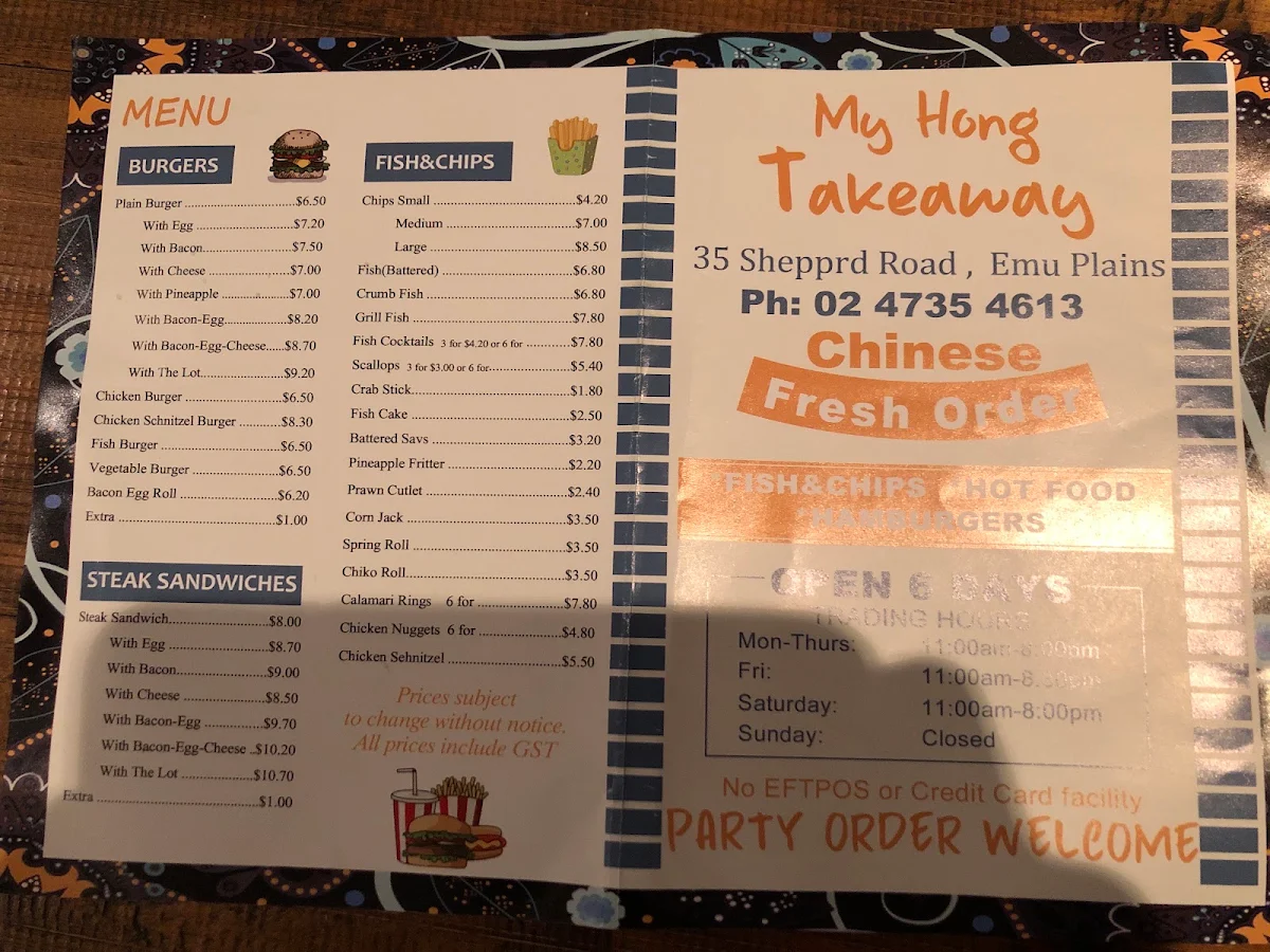 Menu, My Hong's Takeaway - Chinese Food | Fish n Chips | Hamburgers