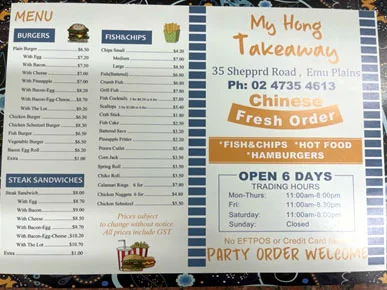 Menu, My Hong's Takeaway - Chinese Food | Fish n Chips | Hamburgers
