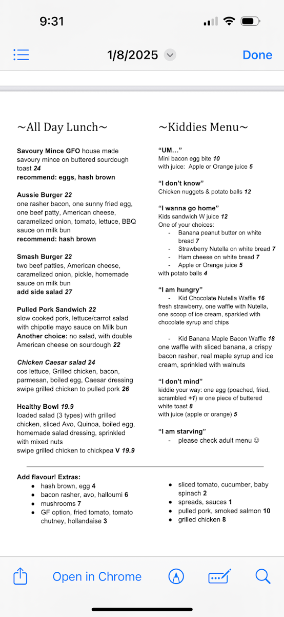 Menu, Wild Rose Cottage