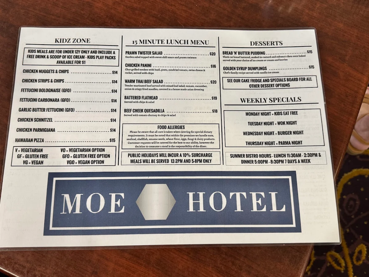 Menu, The Moe Hotel