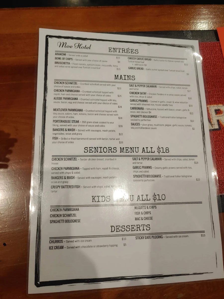 Menu, The Moe Hotel