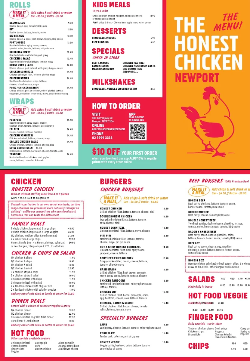 Menu, The Honest Chicken Newport