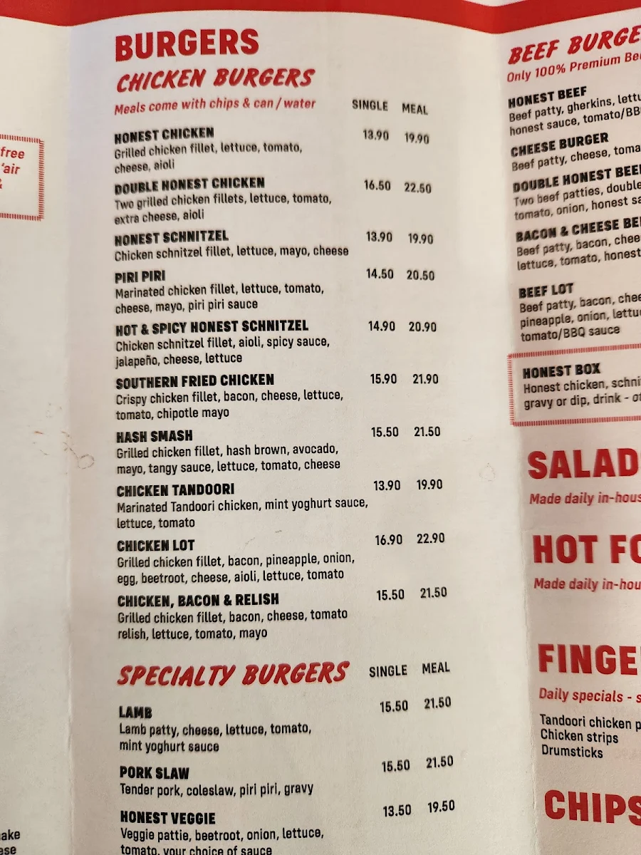 Menu, The Honest Chicken Newport