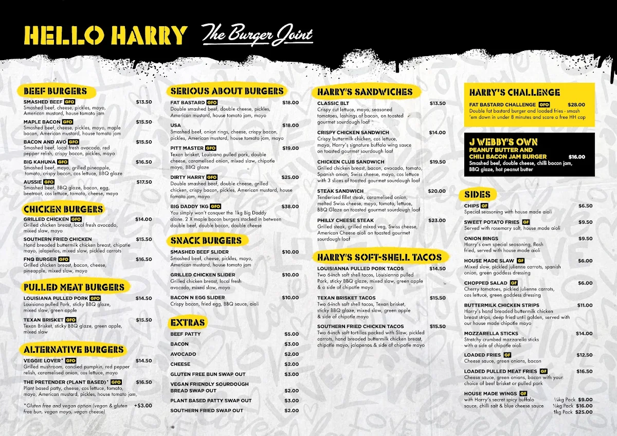 Menu, Hello Harry (The Burger Joint) Cairns
