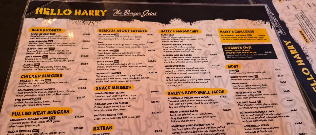 Menu, Hello Harry (The Burger Joint) Cairns