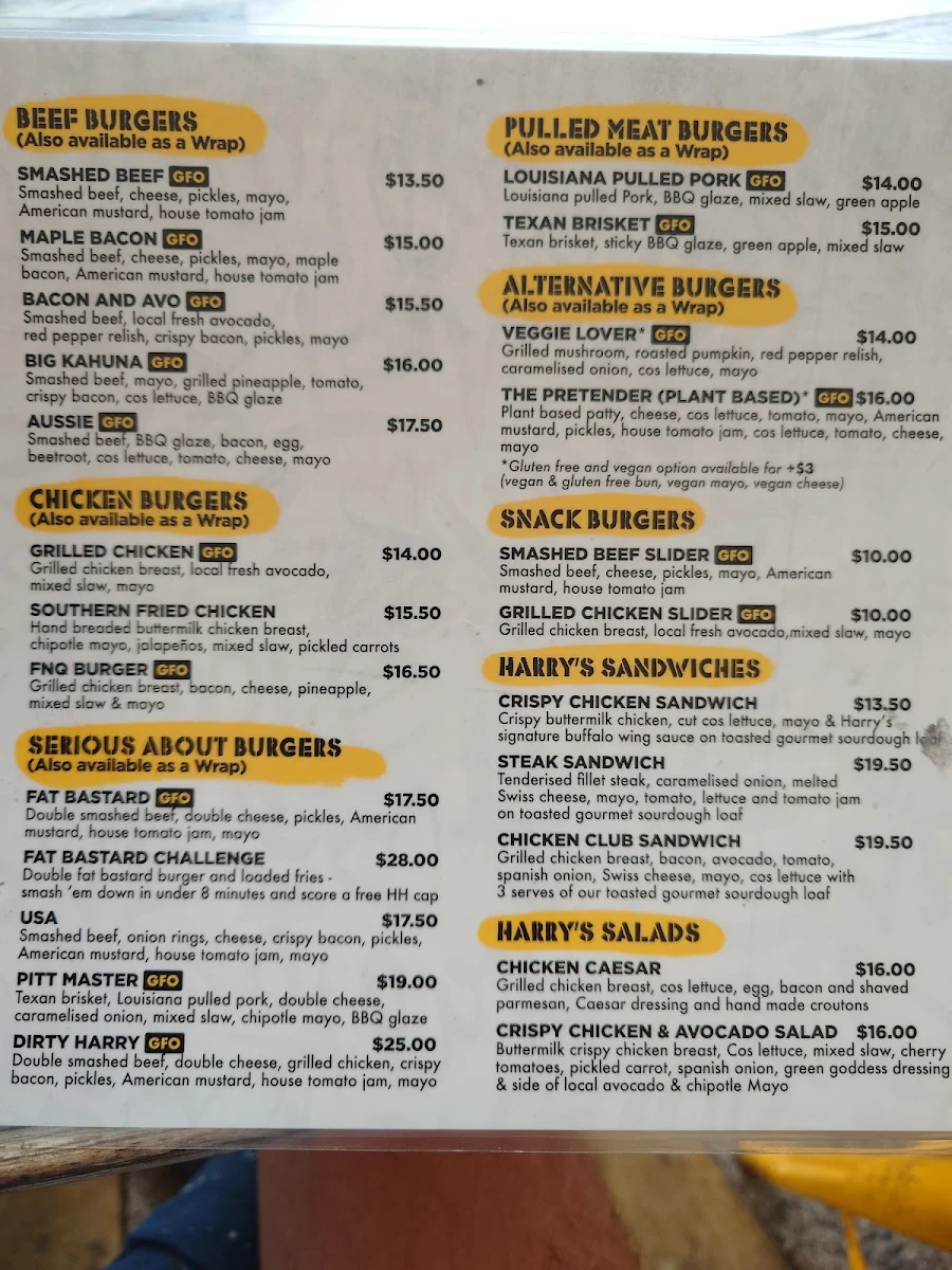 Menu, Hello Harry (The Burger Joint) Cairns