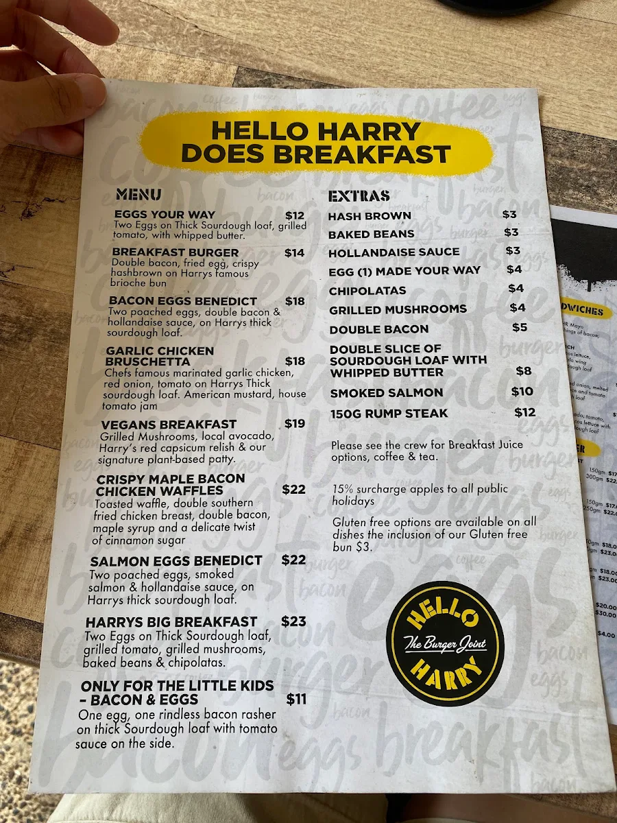 Menu, Hello Harry (The Burger Joint) Cairns