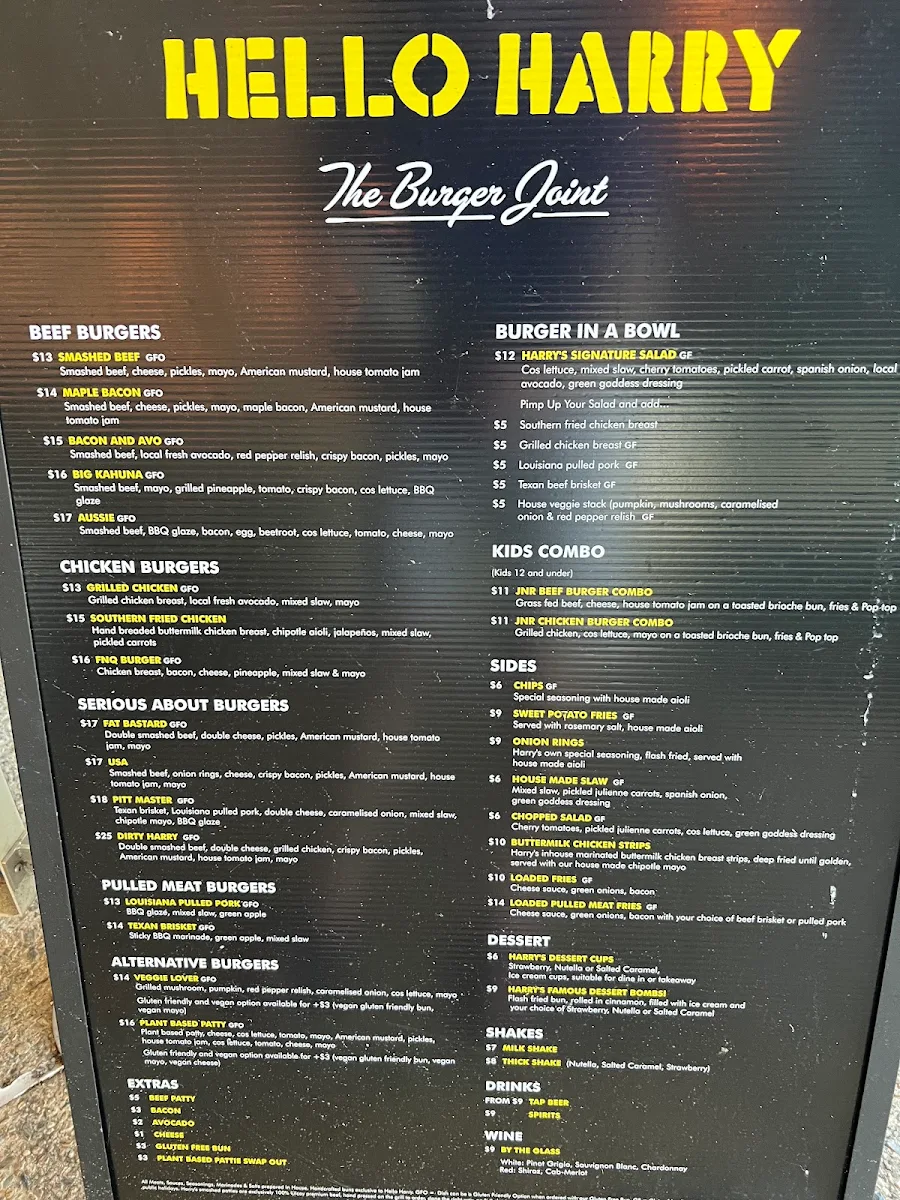 Menu, Hello Harry (The Burger Joint) Cairns