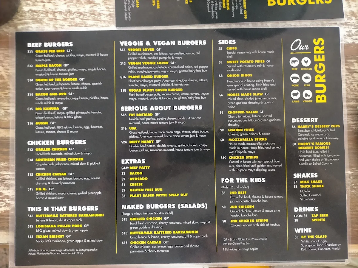 Menu, Hello Harry (The Burger Joint) Cairns