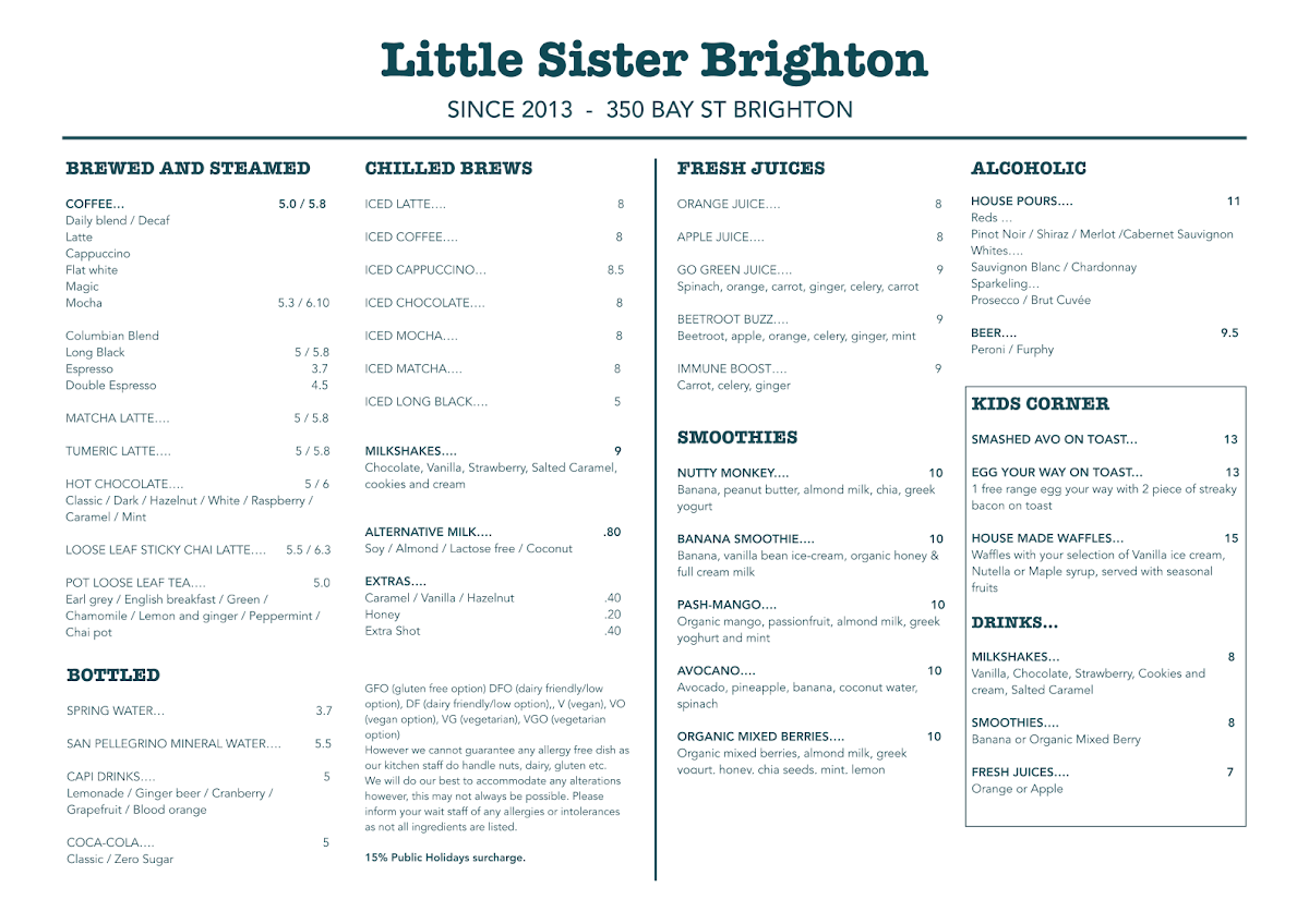 Menu, Little Sister Brighton