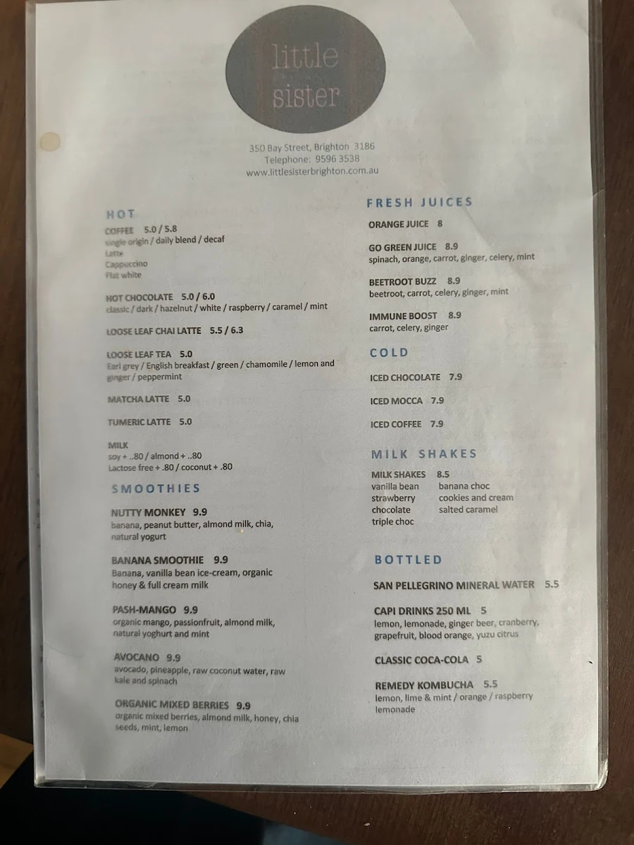 Menu, Little Sister Brighton