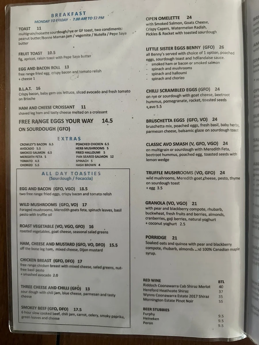 Menu, Little Sister Brighton