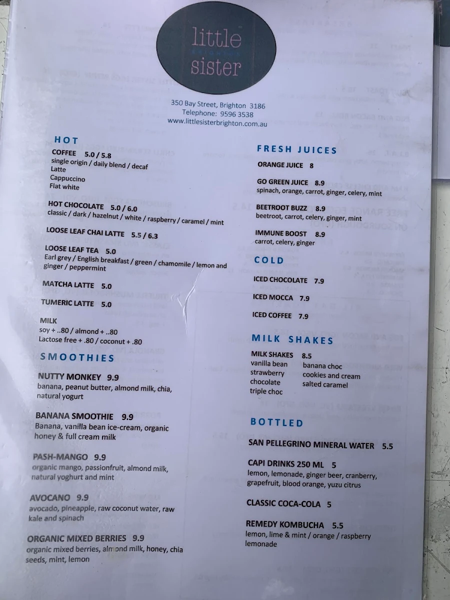 Menu, Little Sister Brighton