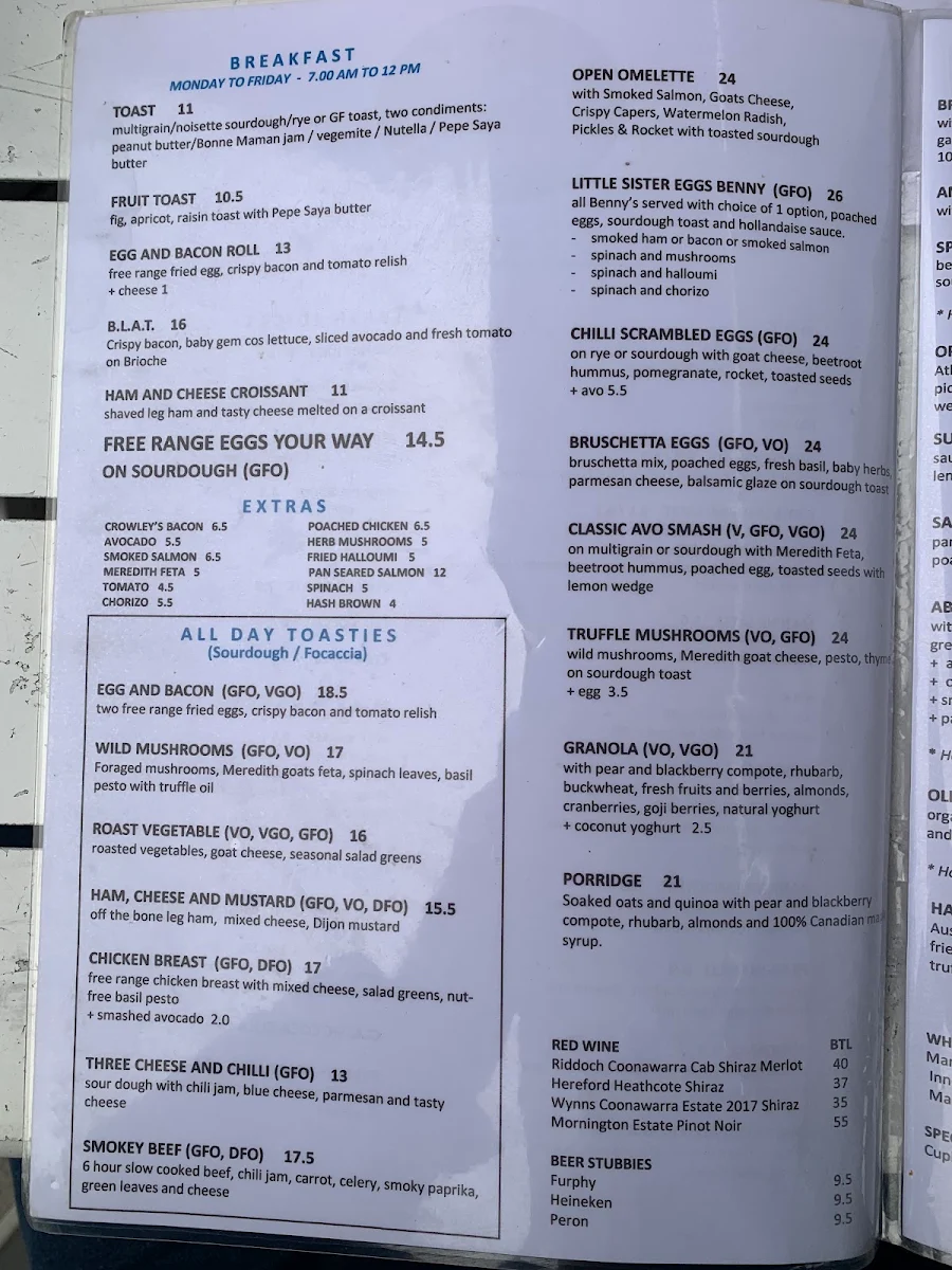 Menu, Little Sister Brighton