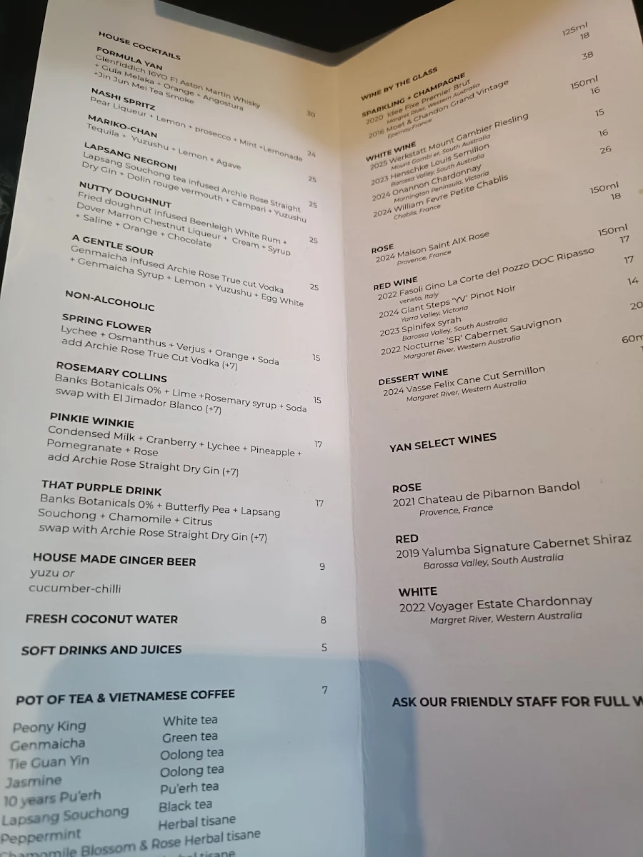 Menu, Yan Melbourne