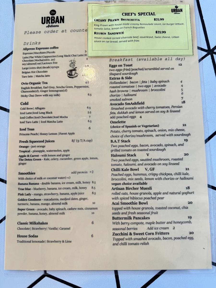 Menu, The Urban Artisans