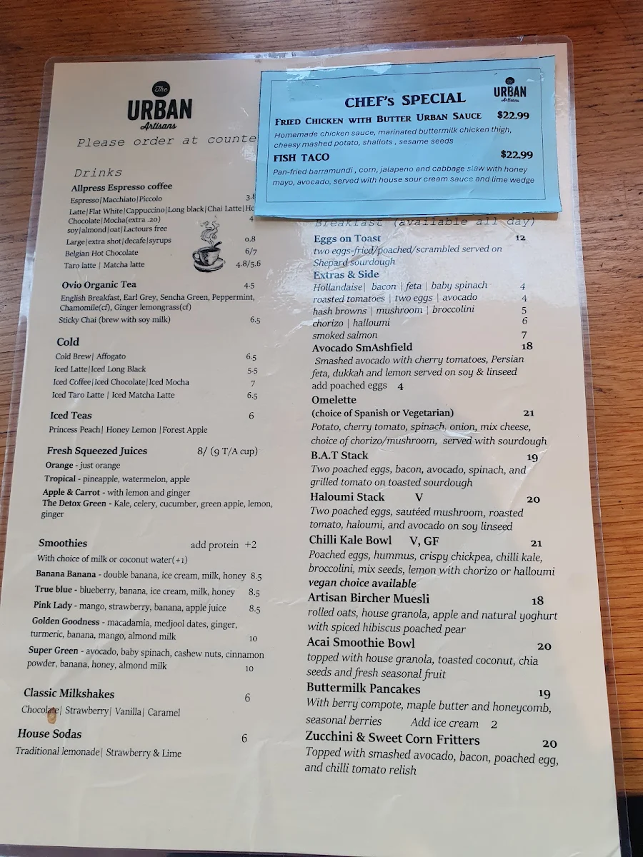 Menu, The Urban Artisans