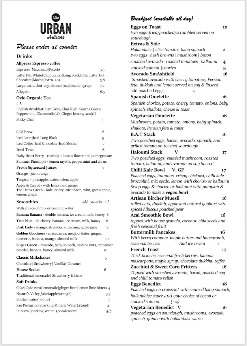 Menu, The Urban Artisans