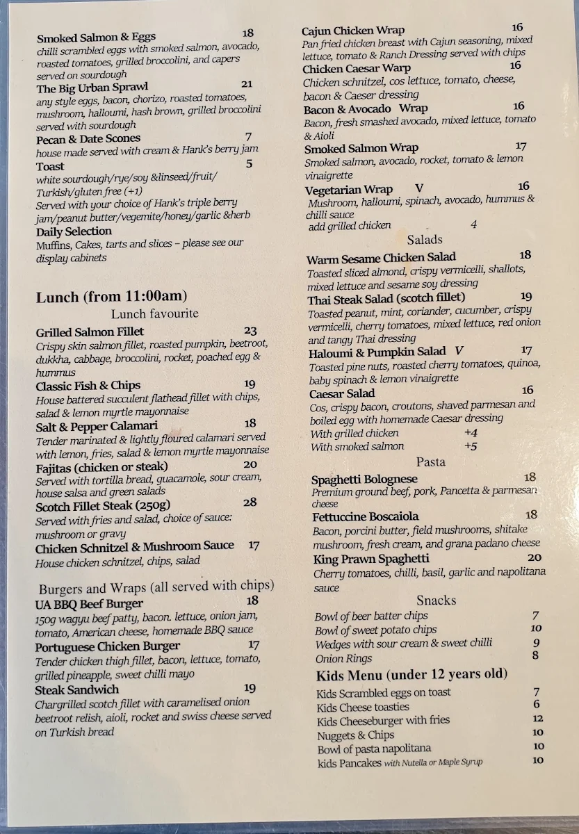 Menu, The Urban Artisans