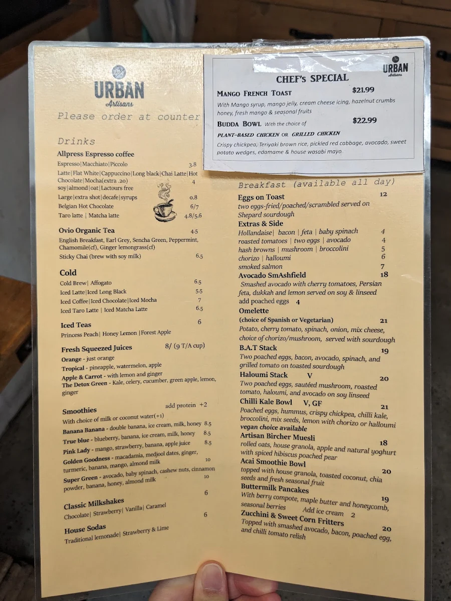 Menu, The Urban Artisans