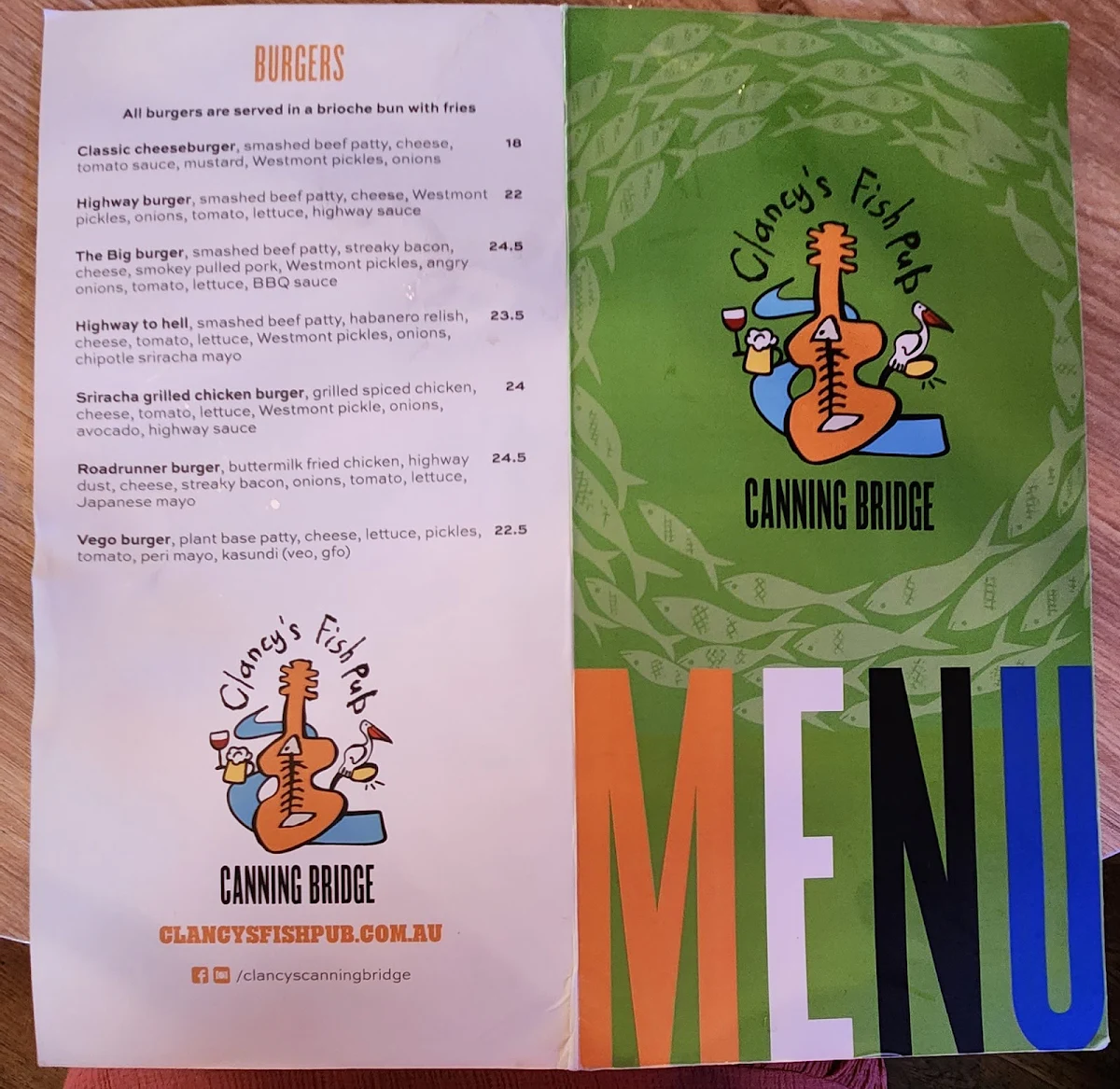 Menu, Clancy's Fish Pub Canning Bridge