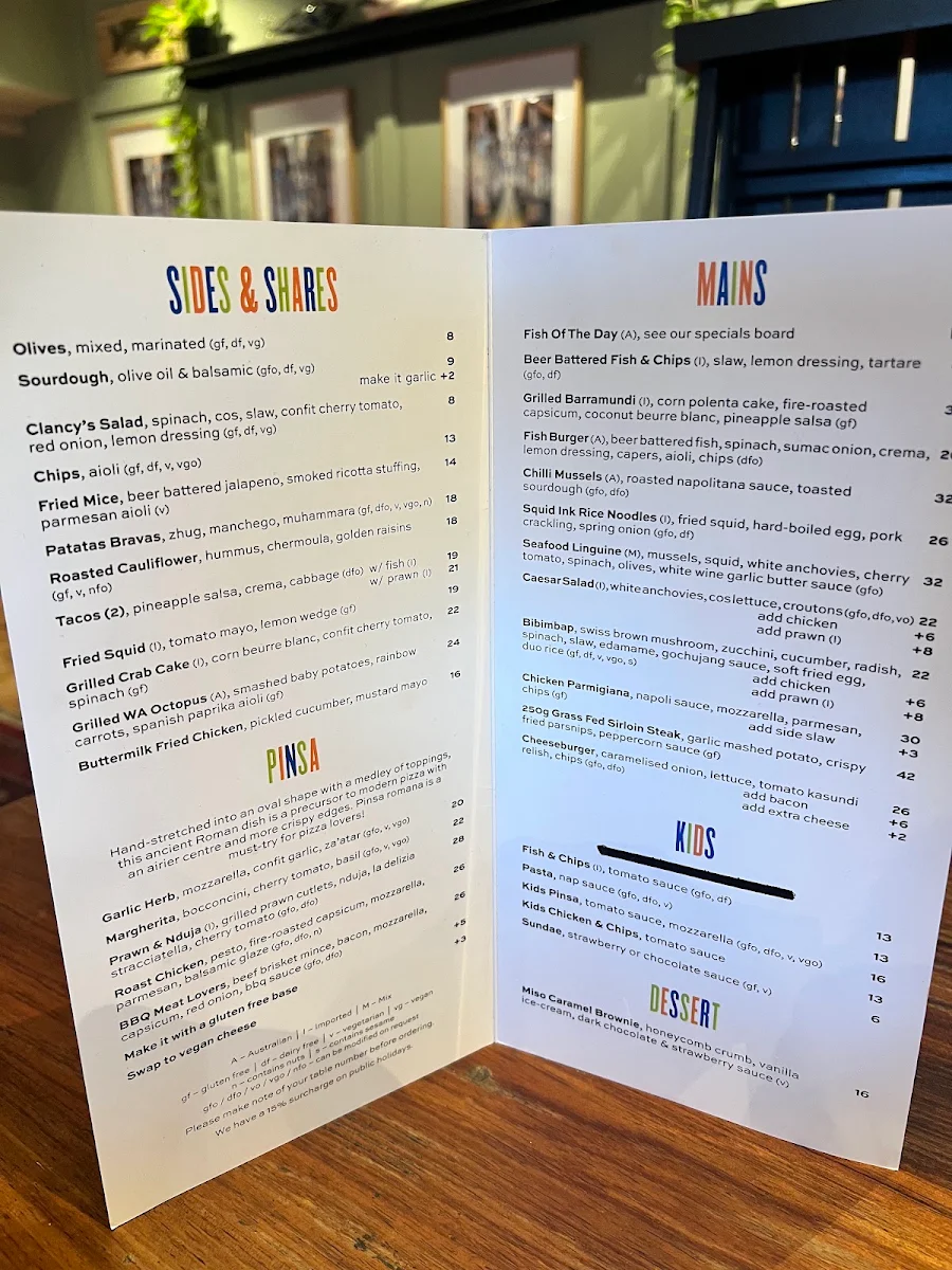 Menu, Clancy's Fish Pub Canning Bridge